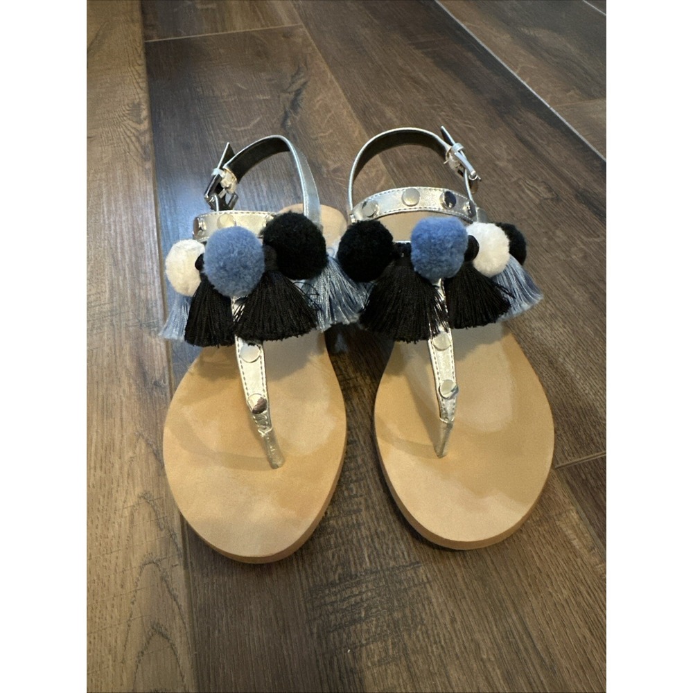 Rebecca Minkoff Estelle Sandal Pom Pom Tassel T Strap Slide Flat Buckle‎ Size 6